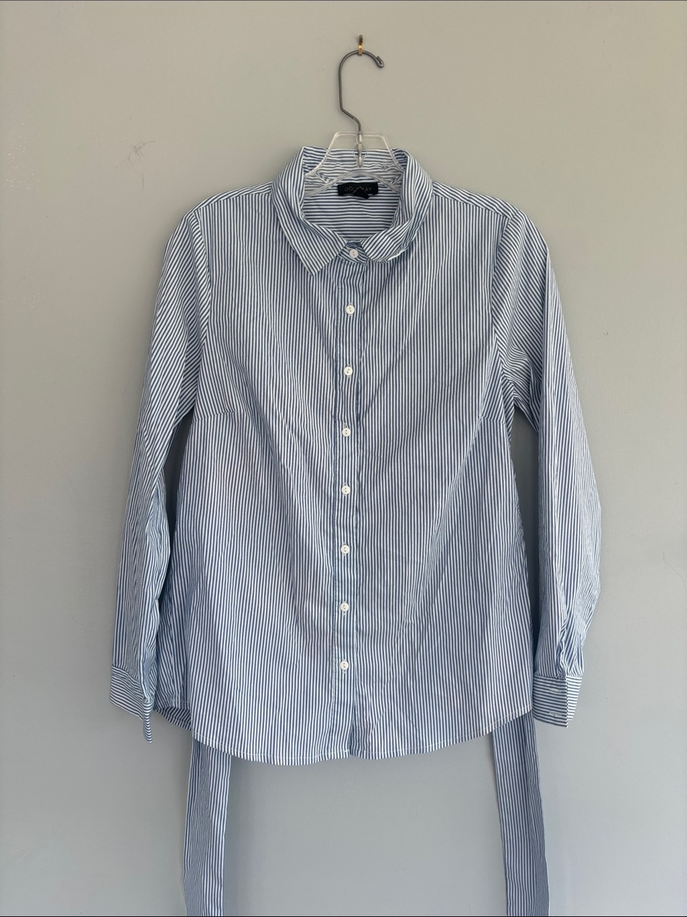 Striped Blue Button-Up Shirt with Waist Tie